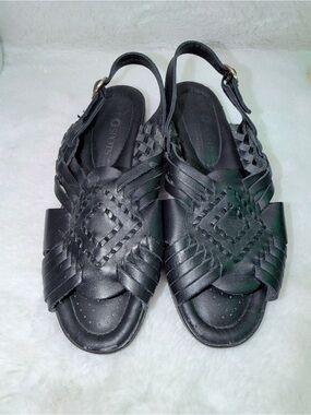 Black Leather Woven Slingback Summer Sandals With Gold Buckles 🔥